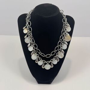 Silver Double Layer Metal Links Stone Pendants Chain Necklace